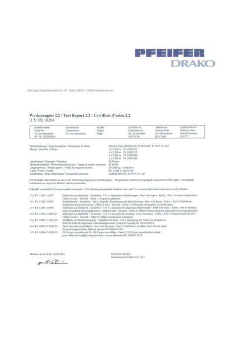 Últimas noticias de la empresa sobre EN 10204 del Copia-estruendo del certificado de prueba de la cuerda de acero del elevador de DRAKO